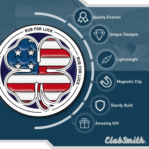 Vista 5 de ClubSmith® Lucky - Marcador de pelota de golf con clip magnético para sombrero, trébol irlandés y trébol, marca de alineación premium, accesorios