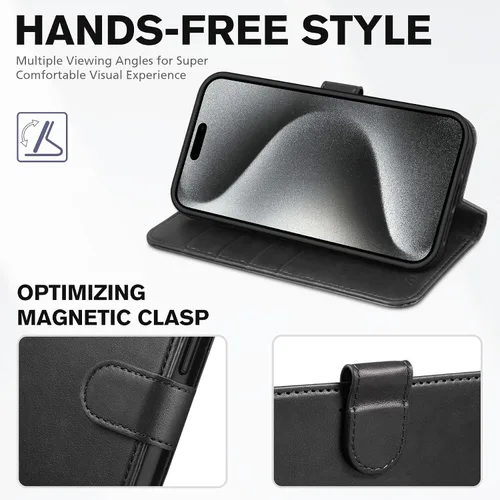 Vista 4 de Funda tipo billetera TUCCH para iPhone 15 Pro Max, con bloqueo RFID, con soporte para 4 tarjetas, a prueba de golpes, con interior de TPU, con funda