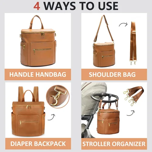 Vista 5 de Bolsa de pañales, mochila de cuero para pañales de MF Store, mochila de pañales con funda para portátil, cambiador, bolsa de toallitas, correas