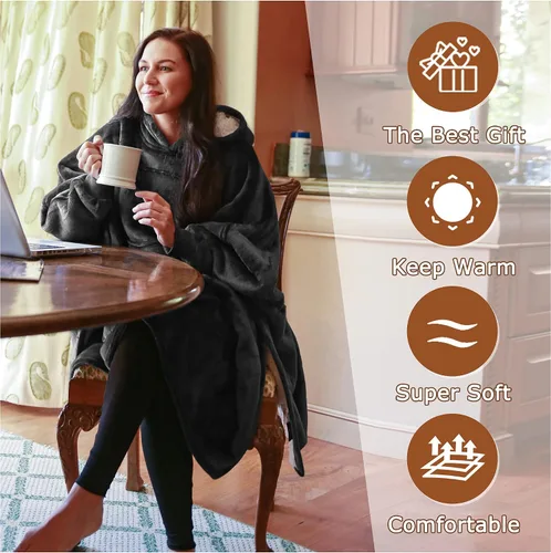Vista 2 de Sudadera tipo poncho de gran tamaño, capa informal con capucha, abrigo con mangas murciélago, manta velluda, cómoda y espaciosa para adultos, unisex.