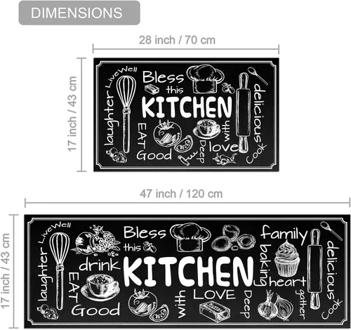 Vista 3 de Juego de 2 tapetes de cocina antideslizantes y gruesos para el suelo, tapetes cómodos para cocina, fregadero, negro, 17 x 47 pulgadas + 17 x 28