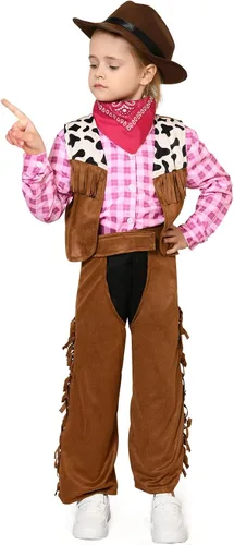 Vista 2 de Tacobear Disfraz de vaquera para niñas, sombrero occidental rosa, bandana, trajes de Halloween, juego de rol, cosplay de vaquero para niños