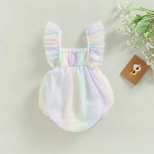 Vista 7 de Sasaerucure Traje de verano para bebé niña, sin mangas, mameluco de encaje tutú, mameluco de una pieza con volantes