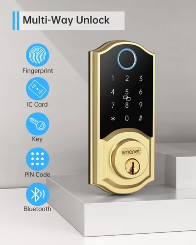 Vista 2 de SMONET Cerradura inteligente de latón con huella dactilar, cerradura de puerta de entrada sin llave con control remoto de aplicación, teclado