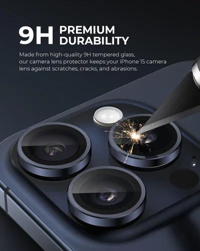 Vista 3 de UARMOR - Protector de lente de cámara para iPhone 15 Pro y 15 Pro Max, vidrio templado 9H y anillo de aluminio, HD transparente, kit de fácil
