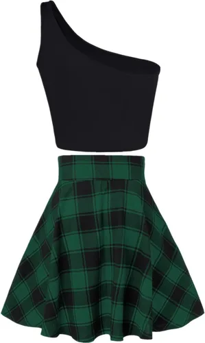 Vista 2 de 2 Piece School Girl Outfit Costume For Women Rave Outfit One-Shoulder Vest Top Plaid Skirts For Women