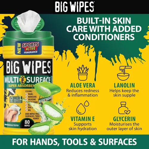 Vista 6 de BIG WIPES Recipiente multisuperficie resistente, paños de limpieza súper absorbentes para manos, superficies y herramientas, recipiente de 80