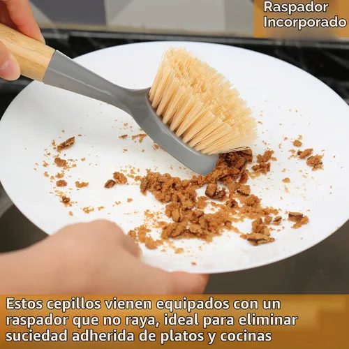Vista 5 de 2 paquetes de cepillos de cocina con mango de bambú, limpiador de platos con raspador incorporado, cepillo de limpieza para sartenes, ollas