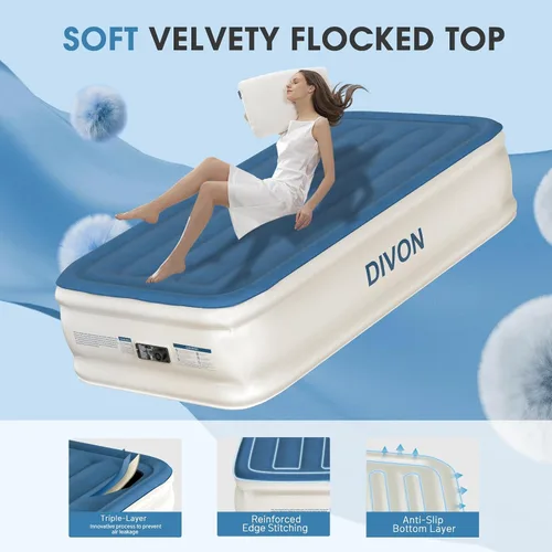 Vista 4 de DIVON Colchón de aire doble con bomba incorporada elevada, colchón inflable individual de 18 pulgadas en 2 minutos, colchón inflable plegable