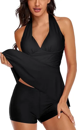 Vista 3 de Omichic Traje de baño tankini halter de dos piezas para mujer, con control de abdomen, cuello en V, con pantalones cortos