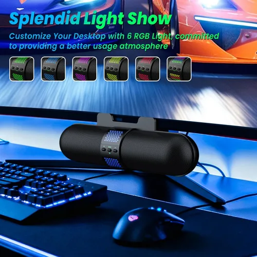 Vista 4 de BESTISAN Altavoz para computadora, conexión Bluetooth 5.3/USB con cable A/C, 6 modos de luz RGB, barra de sonido