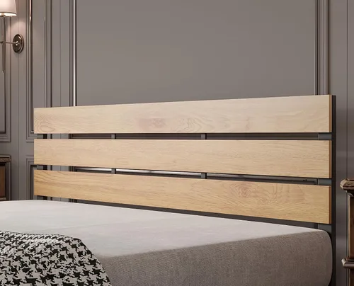 Vista 2 de BONSOIR Base de cama tamaño Queen con plataforma de acero estable con cabecero de madera/estribo, no necesita somier, fácil montaje, sin chirridos