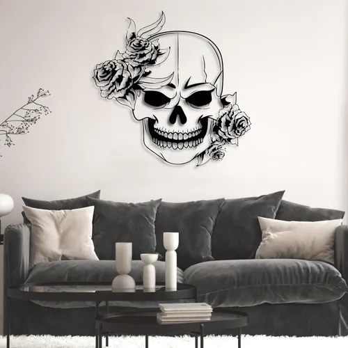 Vista 2 de Arte de pared de metal de calavera de azúcar, arte de pared de metal de calavera, decoración de pared de metal gótico, arte de pared de metal