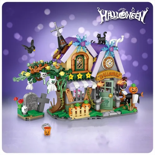 Vista 2 de Street View - Juego de ladrillos de casa embrujada de Halloween, 765 piezas, conjunto de bloques de construcción para bricolaje, juguete