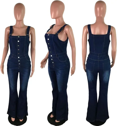 Vista 6 de Pantalones de mezclilla sin mangas para mujer, con hombros descubiertos, ajustados, holgados, con botones, pierna ancha, overol sexy y ajustado