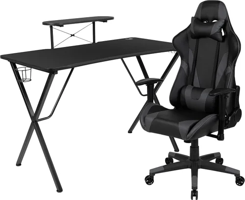 Vista 37 de Flash Furniture Juego de escritorio para juegos negro y silla de carreras blanco/negro con soporte para tazas, gancho para auriculares y soporte