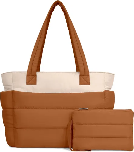 Vista 23 de TOPDesign Bolsa Tote Acolchada para Mujer, Bolso de Mano Ligero Inflado con Compartimentos, Bolsa de Hombro Acolchada para Trabajo, Viajes, Gimnasio