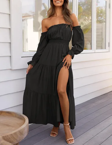 Vista 97 de ZESICA - Vestido largo, bohemio y sexy, con hombros descubiertos y manga larga fruncida, con elástico fruncido, cintura alta y abertura lateral