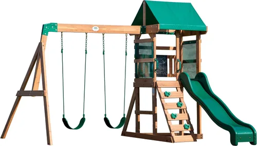 Vista 9 de Conjunto de columpios Backyard Discovery Bay Pointe de madera de cedro con tobogán de ola, plataforma de juego, escalera de roca, columpios
