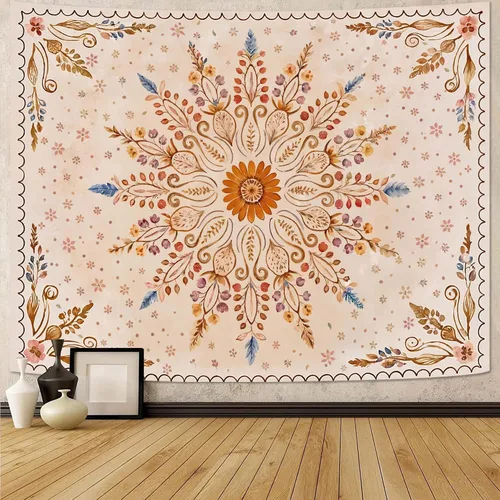 Vista 46 de Fowocu Tapiz bohemio con mandala floral para colgar en la pared, medallón de flores bohemias, tapiz estético, beige, naranja, hippie, indio, pequeño