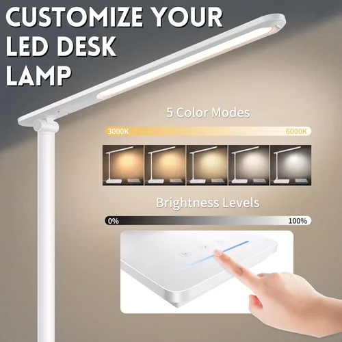 Vista 2 de Lámpara de escritorio LED para oficina en casa, puerto de carga USB, luz de escritorio de lectura con 5 temperaturas de color, atenuación continua