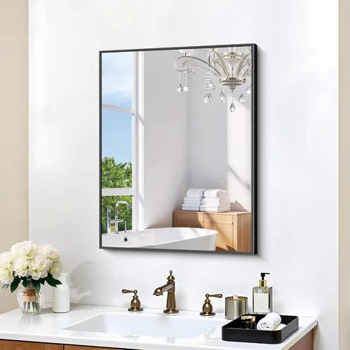 Vista 7 de KOCUUY Espejo de baño negro, espejo rectangular de 24 x 18 pulgadas para sobre el fregadero, espejo de pared decorativo moderno para dormitorio