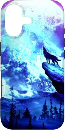 Vista 32 de Funda para iPhone 16 Wolf Mountain Pine Forest Moon Purple Galaxy