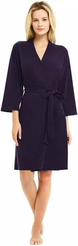 Vista 7 de U2SKIIN Batas para mujer, 100% algodón, ligeras batas con mangas 3/4, kimono de punto, suaves, ropa de casa, bata corta de baño A-algodón gris