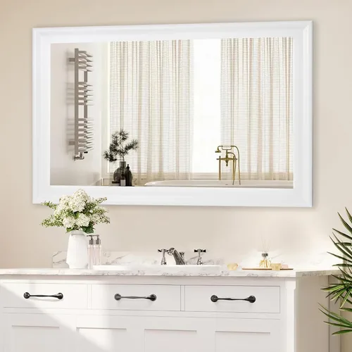 Vista 18 de CULER Espejo de pared de madera blanca para baño, espejos colgantes rectangulares de 20 x 16 pulgadas con marco de madera para sala de estar Blanco