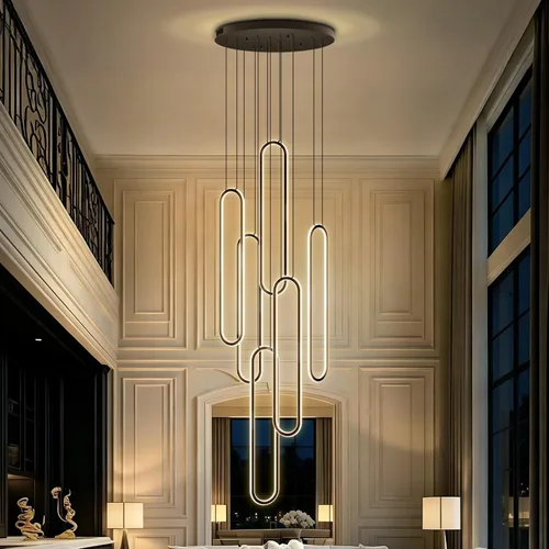 Vista 13 de Flashing God Candelabro moderno, candelabros cromados con 6 anillos LED, lámpara de techo alto más grande para sala de estar, lámpara rectangular