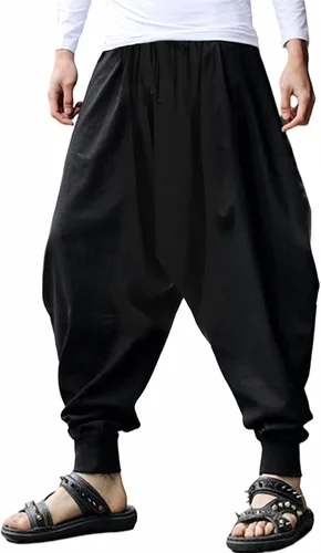 Vista 9 de perdontoo Pantalones harén para hombre, ajuste holgado, cintura elástica, cordón ajustable, pantalones hippie Aladdin beige