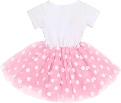 Vista 2 de IMEKIS Vestido de Ratón para Bebés Niñas 1er 2do Cumpleaños Lunares Tul Tutú Cake Smash Fiesta de Verano Accesorios para Fotos