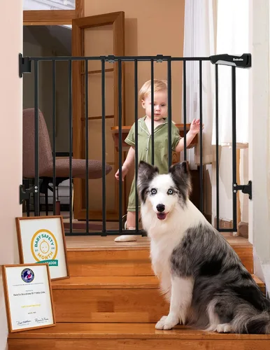 Vista 19 de Babelio Puerta de seguridad para bebés para escaleras, cocina y puertas, sin barra inferior, fácil instalación, operación con una sola mano, cierre