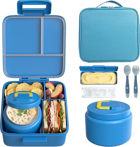 Vista 10 de MAISON HUIS Lonchera Bento con termo de sopa de 8 onzas y bolsa de almuerzo aislada, recipientes de comida a prueba de fugas para niños con 5