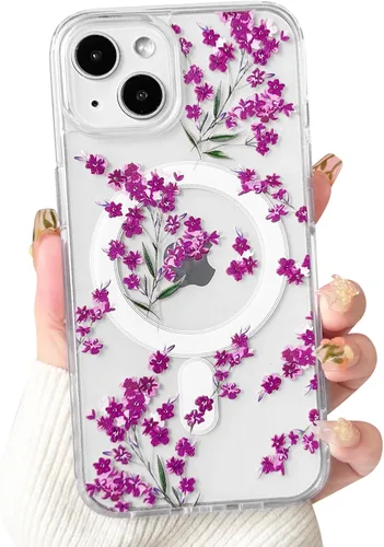 Vista 9 de NITITOP Funda magnética transparente compatible con iPhone 14 Plus/15 Plus, compatible con MagSafe lindas flores, hojas florales para mujeres