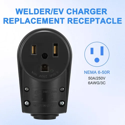 Vista 6 de Receptáculo NEMA 6-50R, 50 Amp 3 clavijas 250 voltios soldador de repuesto enchufe hembra resistente, negro, certificación ETL