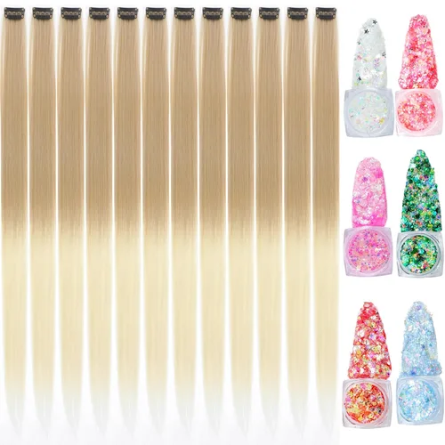 Vista 18 de Extensiones de cabello de colores, extensión de cabello liso con clip de 22 pulgadas, extensiones de cabello con brillantina multicolor arcoíris
