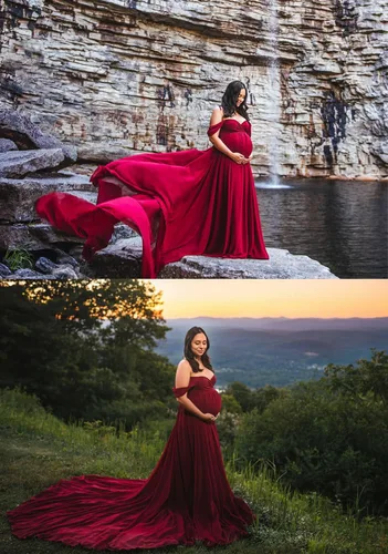 Vista 7 de ZIUMUDY Vestido largo de gasa de maternidad para sesión de fotos, fotografía con hombros descubiertos, vestido de gasa transparente envuelto