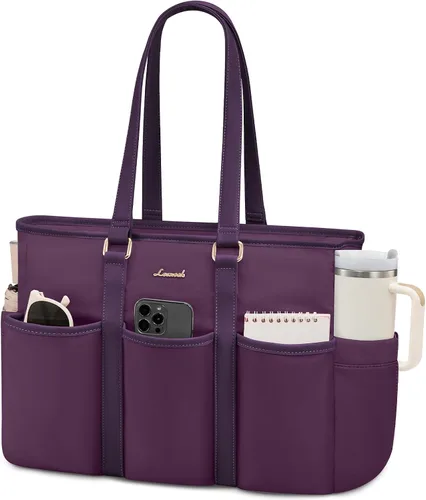 Vista 24 de LOVEVOOK bolso tote vintage para laptop para mujer, Beige-Negro, 15,6 pulg., Moda