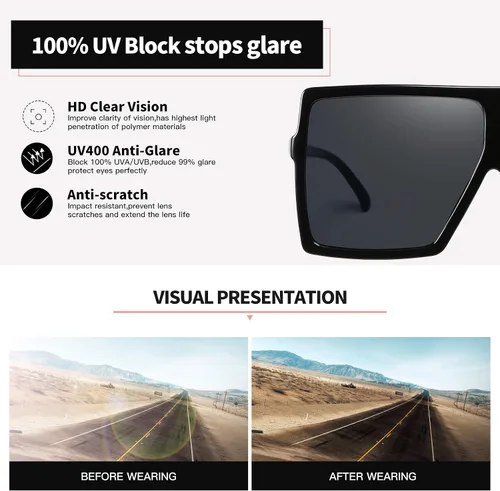 Vista 5 de Gafas de sol de 3 piezas para mujer y hombre, montura grande, gafas retro cuadradas