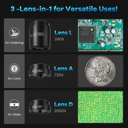 Vista 2 de LM246MS Microscopio digital HDMI de 3 lentes de 7 pulgadas para soldar, soporte de brazo de brazo de pluma de 13 pulgadas, video UHD 2160P 2000X