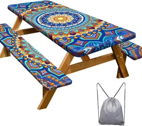 Vista 38 de Funda de mesa de picnic con fundas para bancos Esenciales de camping Mantel de picnic impermeable y a prueba de viento con bolsa de cordón, funda