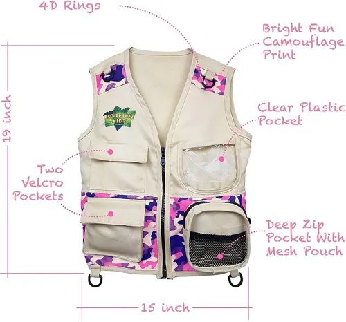 Vista 3 de Safari Kidz Outdoor Explorer Kit Conjunto de chaleco y sombrero de camuflaje naranja y rosa, aventuras de la naturaleza en el patio trasero
