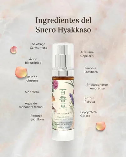 Vista 3 de Hyakkaso Suero herbario de ácido hialurónico, cuidado natural de la piel, agua y minerales Onsen de aguas termales, hidratación e hidratación, todo