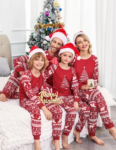 Vista 3 de Ekouaer Pijamas de Navidad para la familia, pijamas de manga larga a juego con pantalones a cuadros, ropa de dormir suave para descansar