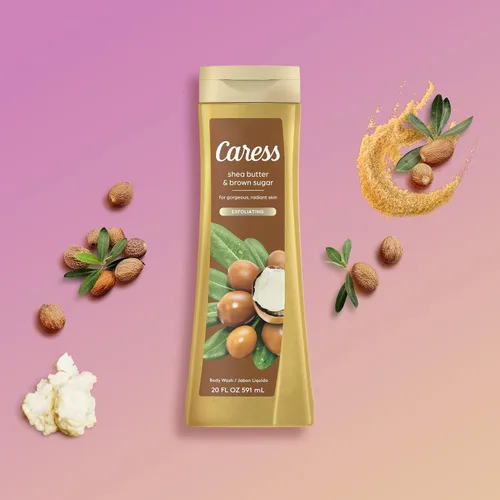 Vista 6 de Caress Gel de baño, manteca de karité y azúcar moreno, gel de baño hidratante para una piel hermosa y radiante, jabón líquido exfoliante corporal