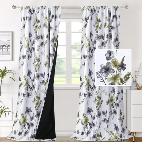 Vista 23 de H.VERSAILTEX cenefas de cortina 100% opacas para ventanas de cocina, juego de 2 paneles, estampado floral Cattleya Leah, cenefas térmicas aisladas