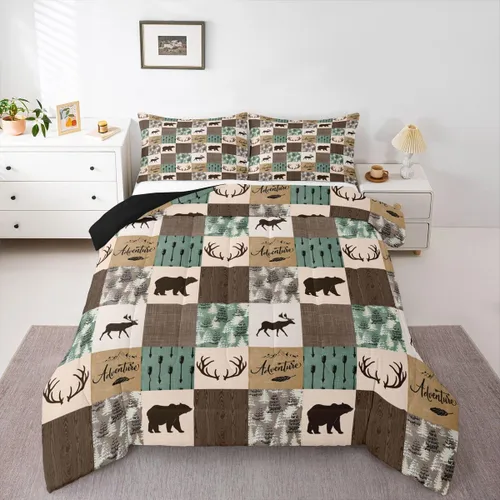 Vista 55 de Juego de edredón de cabaña rústica navideña, juego de ropa de cama estilo rústico con diseño de osos y ciervos, tamaño completo, patchwork Multi 08