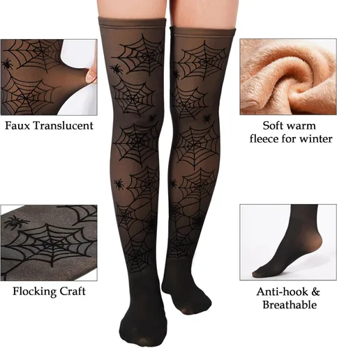 Vista 3 de Calcetines altos con forro polar para mujer, falsos translúcidos, flocados, cálidos, de felpa, gruesos, sobre la rodilla, calentadores de piernas