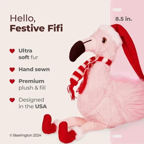 Vista 2 de Colección Bearington - Peluche festivo Fifi flamenco de Navidad rosa de 8.5" con calcetines lindos, bufanda y gorro de Papá Noel - Adorable animal